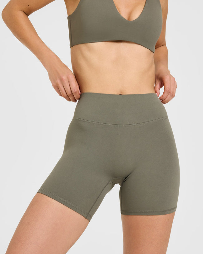 SoftMotion™ High Waisted Shorts 6" with White Logo | Alpine Green