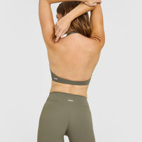 SoftMotion™ Minimal Halter Neck Bralette with White Logo | Alpine Green
