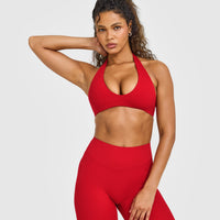 SoftMotion™ Minimal Halter Neck Bralette with White Logo | Light Toasted Red
