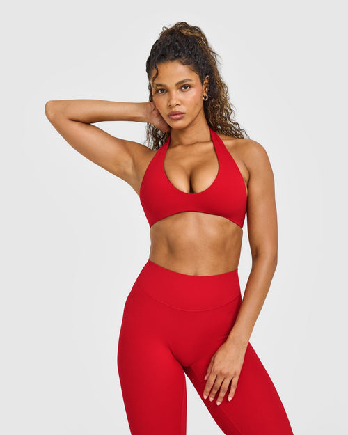 Oner Modal SoftMotion™ Minimal Halter Neck Bralette with White Logo | Light Toasted Red