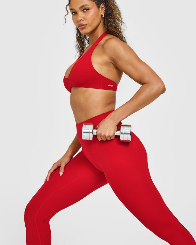 SoftMotion™ Minimal Halter Neck Bralette with White Logo | Light Toasted Red